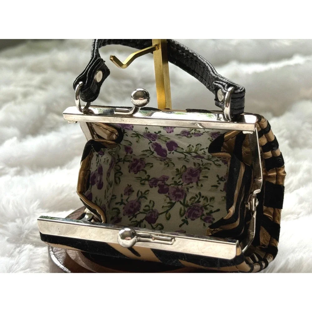 Mini Zebra Print Micro Purse Kiss Lock Handbag Y2K Glam Novelty Bag Gold Black